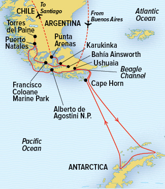 Route map of Patagonia to Antarctica cruise, operating via charter flights through Santiago, Chile and/or Buenos Aires, Argentina.
