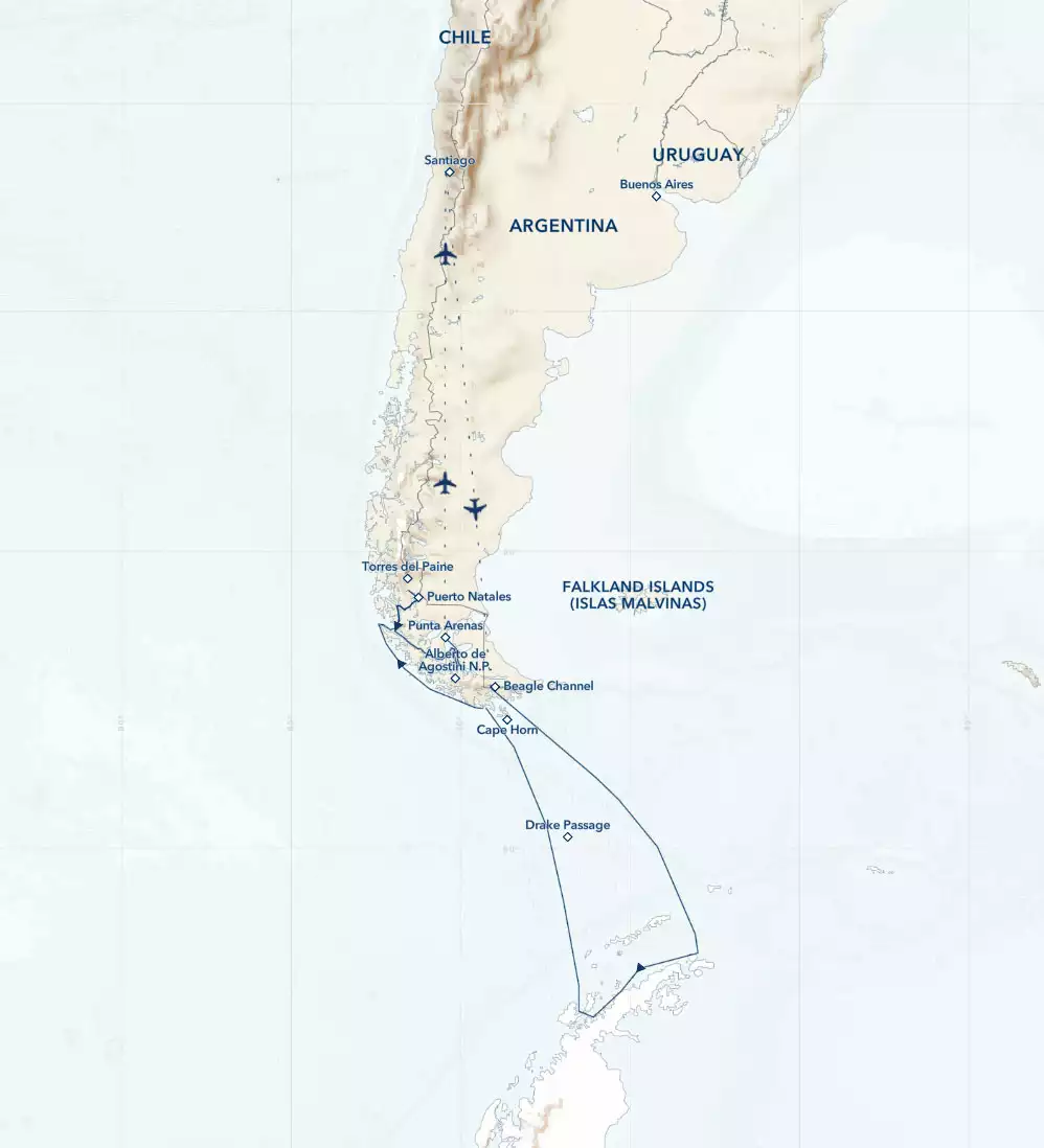 Route map of Patagonia to Antarctica cruise, operating via charter flights through Santiago, Chile and/or Buenos Aires, Argentina.