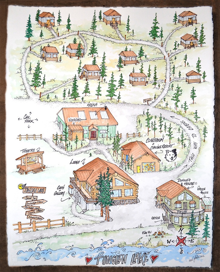 Hand-drawn map of Tonglen Lake Lodge grounds in Alaska, with various cabins & guest gathering buildings linked by roads.