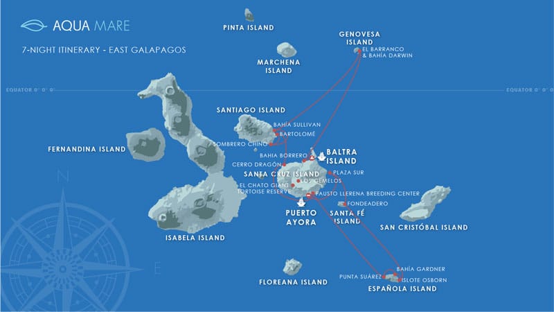 Route map of Aqua Mare East Galapagos Cruise from Baltra to Santa Cruz with visits to Genovesa, Santiago, Espanola, Santa Fe & South Plaza.