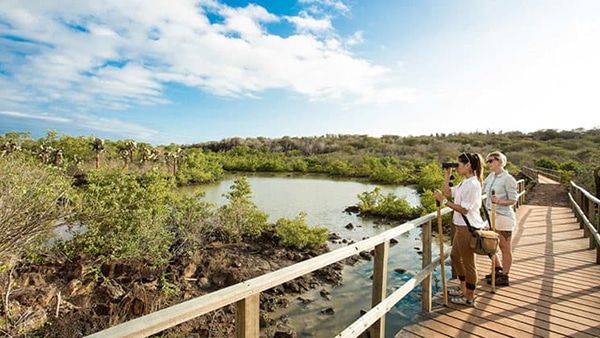 Two female travelers on a Galapagos Island tour stand on a boardwalk looking at trees with binoculars.