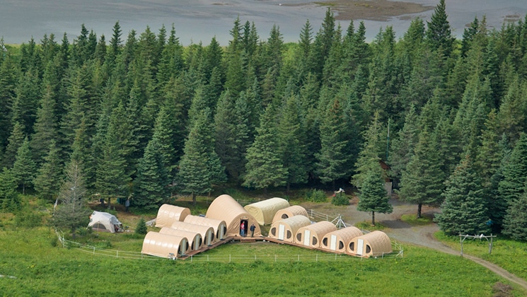 Aerial view of small Bear Camp Alaska with modern beige hoop tents set amongst forest & grasslands.