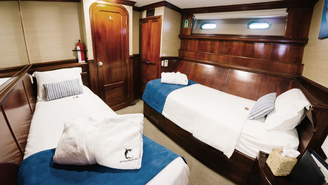 Deluxe below-deck cabin with 2 twin beds on mv Galapagos Sky, with dark wood accents & closet, bedside table, carpet & portholes.