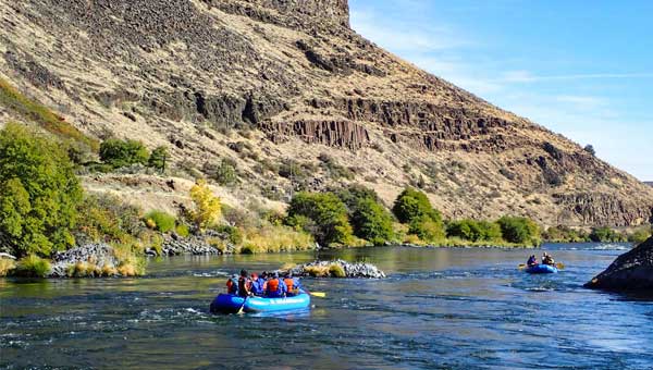 Pacific Northwest cruise travelers float a river in bright blue rafts by small rapids & green trees beneath arid cliffs on a sunny day.