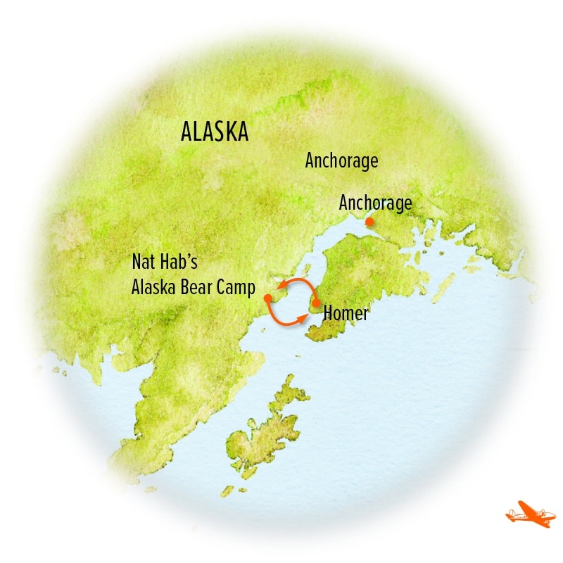 Route map of Alaska Bear Camp Adventure, operating round-trip from Homer with internal flights to & from Lake Clark National Park & Preserve.