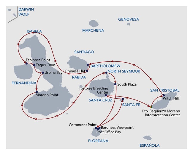 Route map of 8-day Naturalist Calipso Galapagos Cruise, round-trip from San Cristobal with visits to Bartolome, Santiago, Chinese Hat, Fernandina, Isabela, North Seymour, South Plaza, Floreana, Santa Fe and Santa Cruz islands.