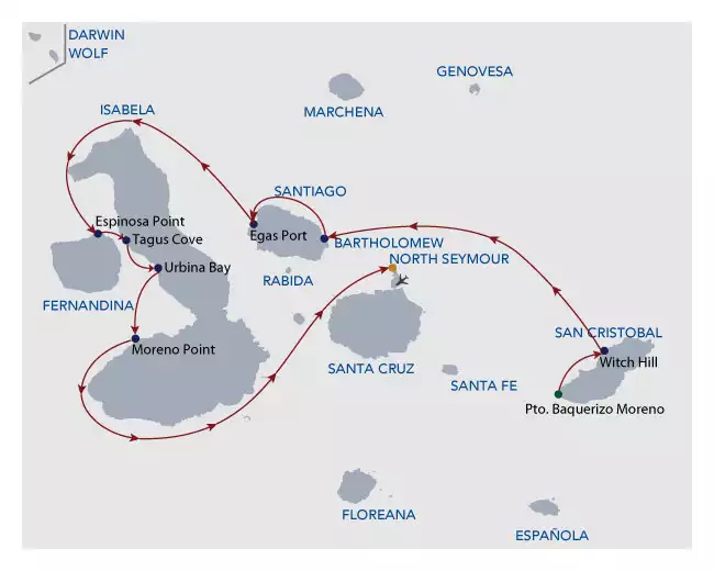 Route map of 5-day Naturalist Calipso Galapagos Cruise, from San Cristobal to Baltra, with visits to Bartolome, Santiago, Fernandina, Isabela and North Seymour islands.