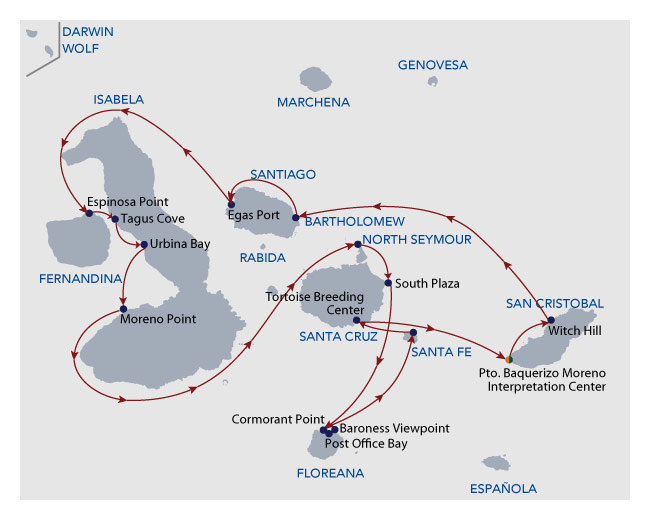 Route map of 8-day Naturalist Calipso Galapagos Cruise, round-trip from San Cristobal with visits to Bartolome, Santiago, Fernandina, Isabela, North Seymour, South Plaza, Floreana, Santa Fe and Santa Cruz islands.