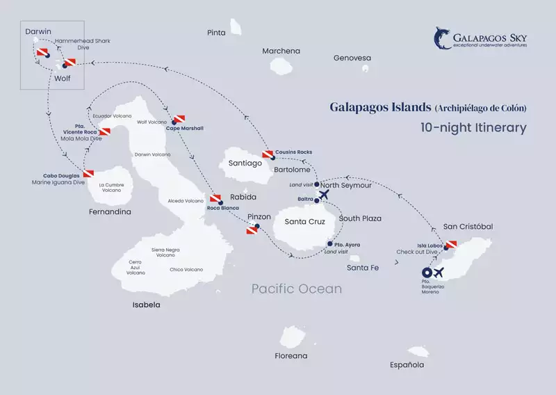 Route map of 11-day Galapagos Sky Liveaboard Dive Cruises, operating round-trip from San Cristobal with visits to Lobos, North Seymour, Wolf, Darwin, Isabela, Pinzon & Santa Cruz islands.