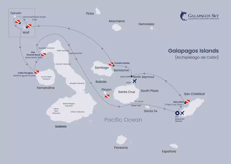 Route map of 8-day Galapagos Sky Liveaboard Dive Cruises, operating round-trip from San Cristobal with visits to Lobos, North Seymour, Wolf, Darwin, Isabela, Pinzon & Santa Cruz islands.