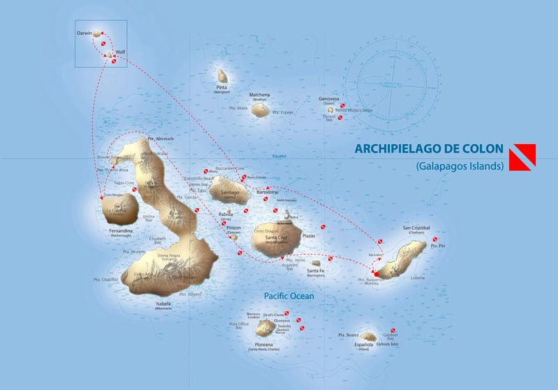 Route map of Galapagos Sky Liveaboard Dive Cruises, operating round-trip from San Cristobal with visits to Lobos, Bartolome, Wolf, Darwin, Isabela, Pinzon & Santa Cruz islands.