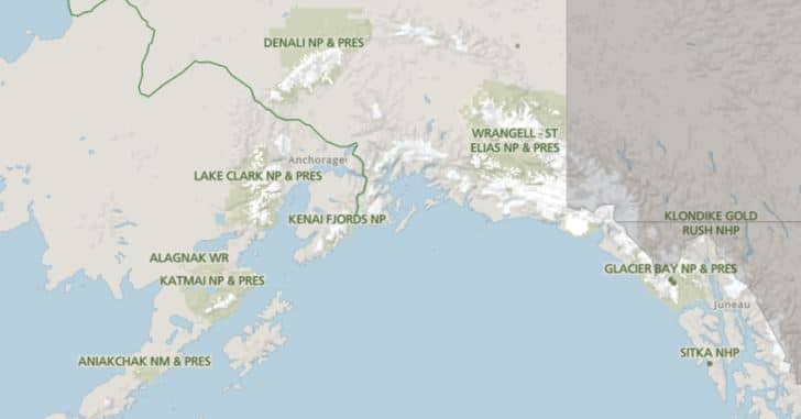 A map showing the Alaska national parks tour locations of Denali, Lake Clark, Kenai Fjords, Glacier Bay and more.