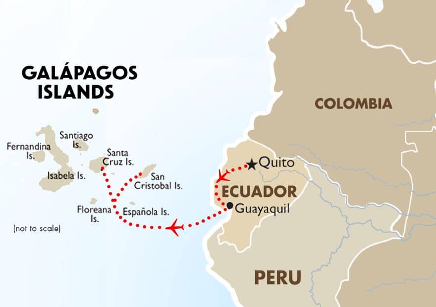 Map of the Galapagos Islands and west coast of South America showing Columbia, Ecuador and Peru. Red dotted line with red airplane icon shows flight path starting in Quito, Ecuador and ending on Galapagos islands. 