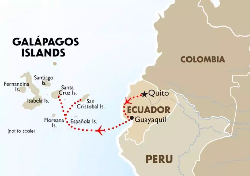 Map of the Galapagos Islands and west coast of South America showing Columbia, Ecuador and Peru. Red dotted line with red airplane icon shows flight path starting in Quito, Ecuador and ending on Galapagos islands. 
