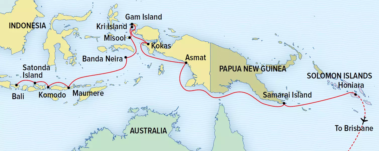 Route map of National Geographic cruise Exploring Indonesia: Bali, Raja Ampat & Papua New Guinea, operating between Bali & Brisbane, Australia.