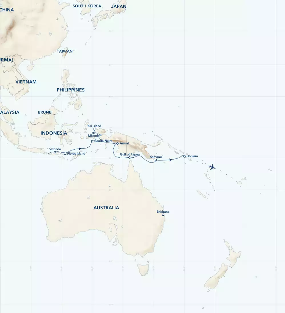 Route map of eastbound National Geographic cruise Exploring Indonesia: Bali, Raja Ampat & Papua New Guinea, operating between Bali & Nadi, Fiji.