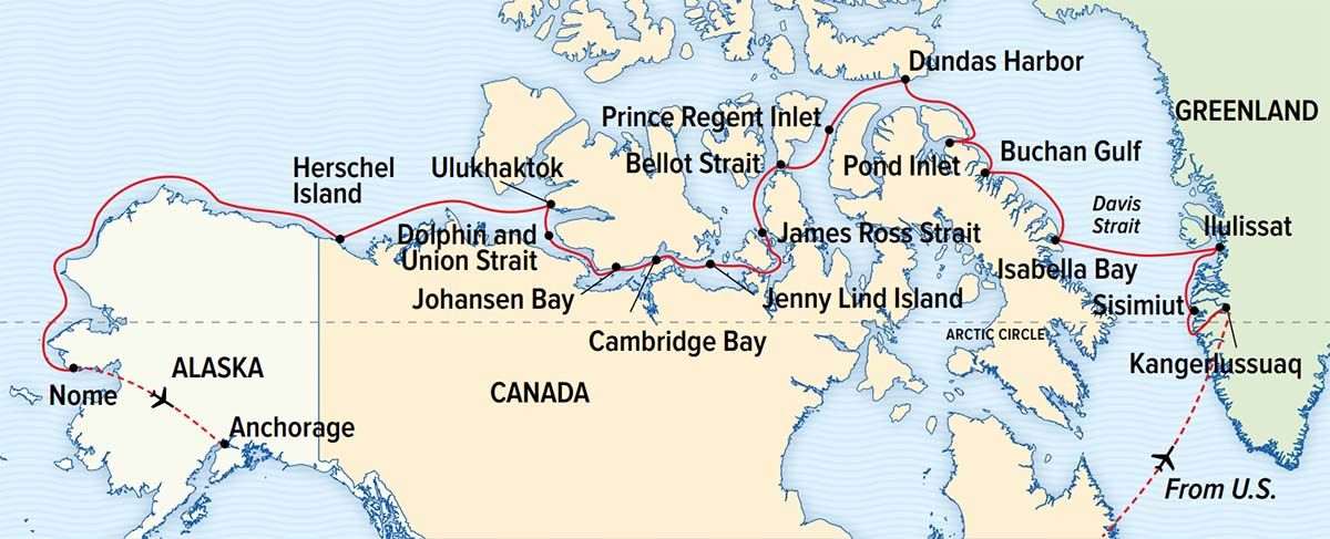 Route map of National Geographic Northwest Passage voyage, from Greenland to Alaska, with visits along Baffin Island.