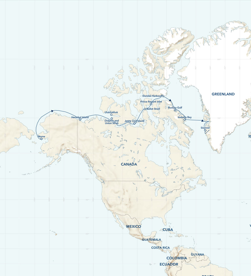 Route map of eastbound National Geographic Northwest Passage voyage, from Greenland to Alaska, with visits along Baffin Island.