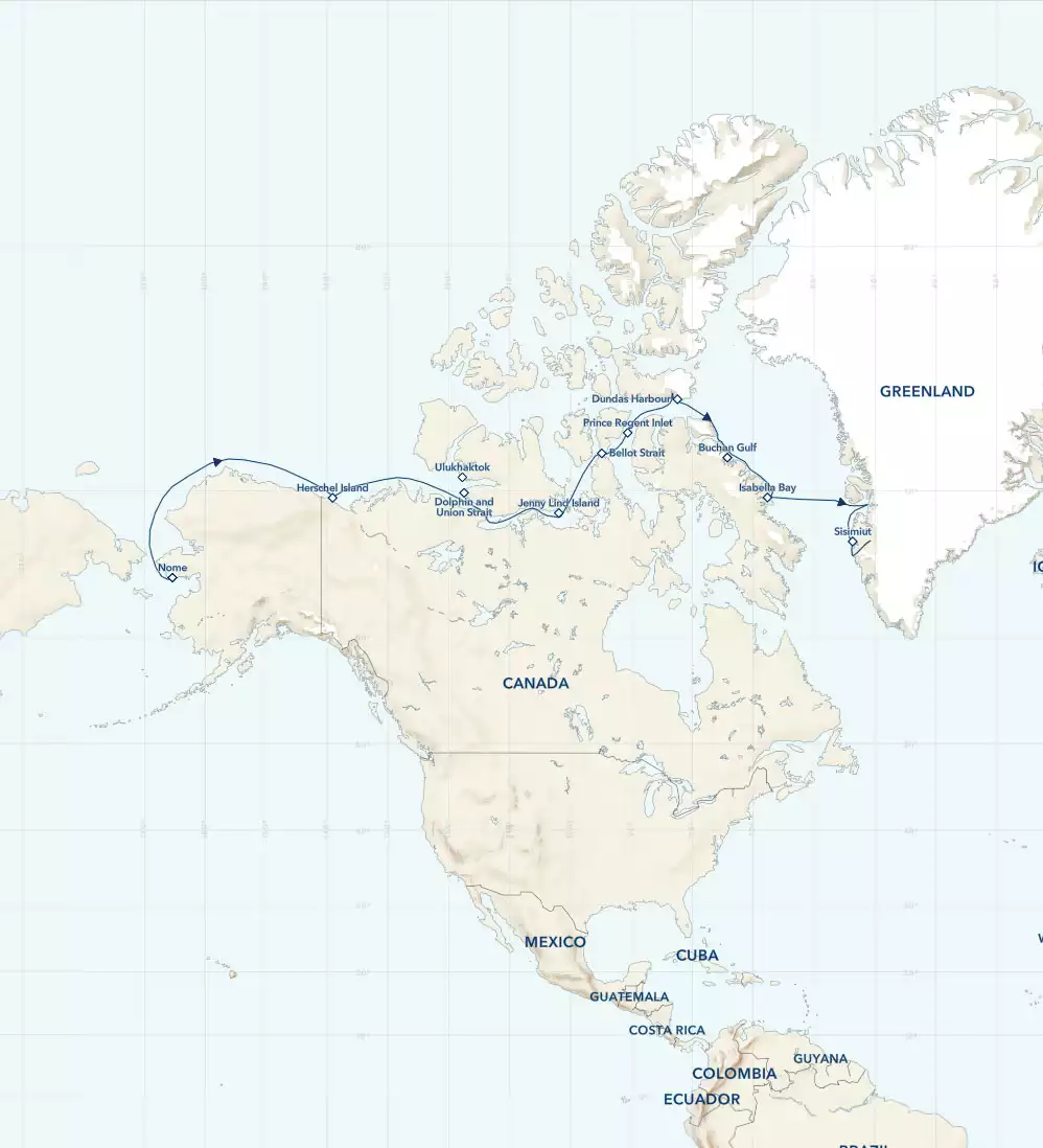 Route map of eastbound National Geographic Northwest Passage voyage, from Greenland to Alaska, with visits along Baffin Island.
