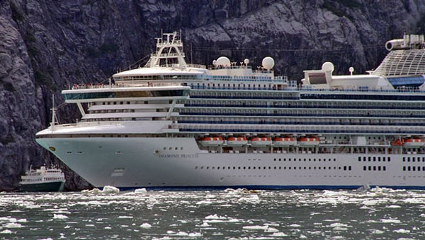 During the Canada cruise ship ban, big cruise ship Diamond Princess shown here towering over small ship Wilderness Explorer, was unable to cruise Canada.