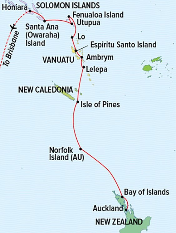 Route map of Under The Southern Cross: New Zealand to Melanesia cruise between Brisbane, Australia & Auckland, New Zealand, with visits to the islands of New Caledonia, Vanuatu & The Solomons.