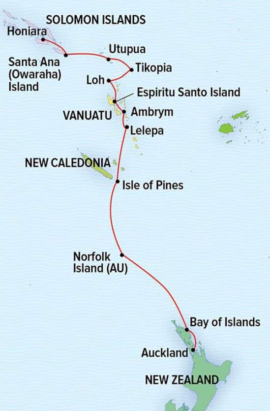 Route map of Under The Southern Cross: New Zealand to Melanesia cruise between Brisbane, Australia & Auckland, New Zealand, with visits to the islands of New Caledonia, Vanuatu & The Solomons.