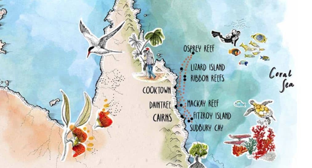 A map showing a small ship Australia cruise route map of the Great Barrier Reef and Coral Sea on the Queensland coast with icons for turtles, divers, plants and tourists.