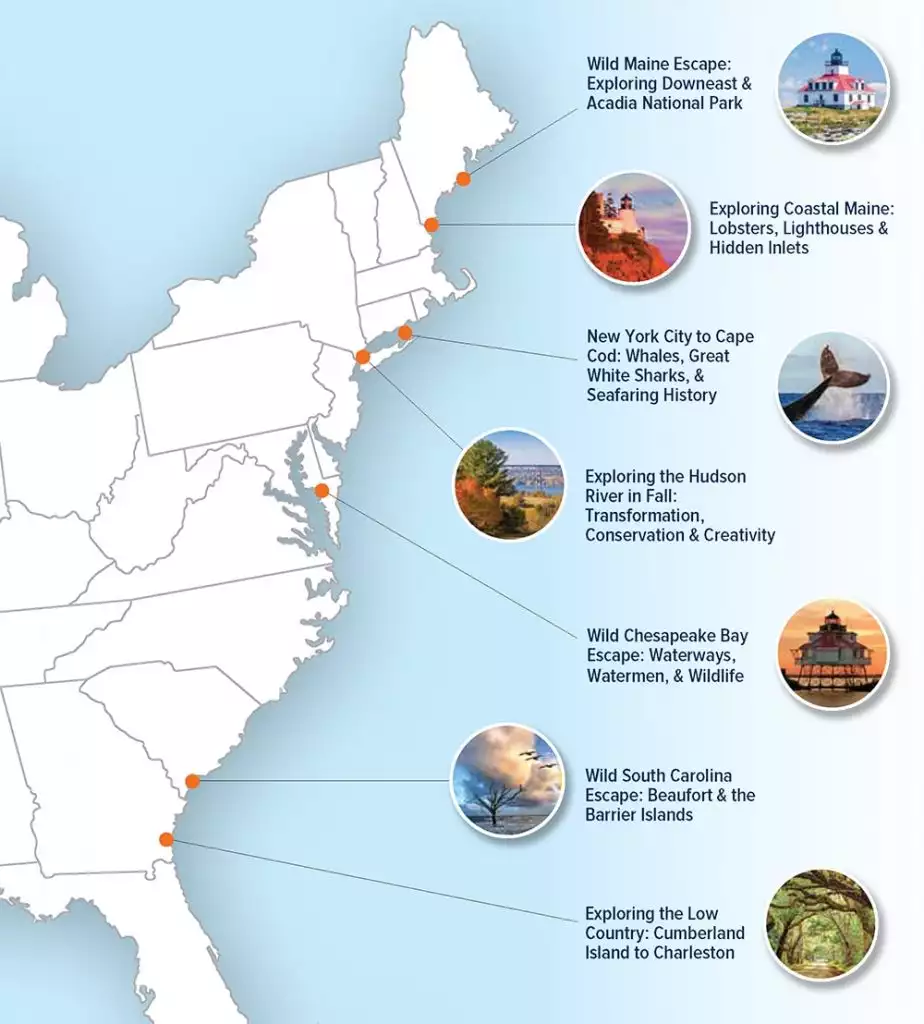 Graphical map of the East Coast of the United States with pictures and text showing cruise highlights. 