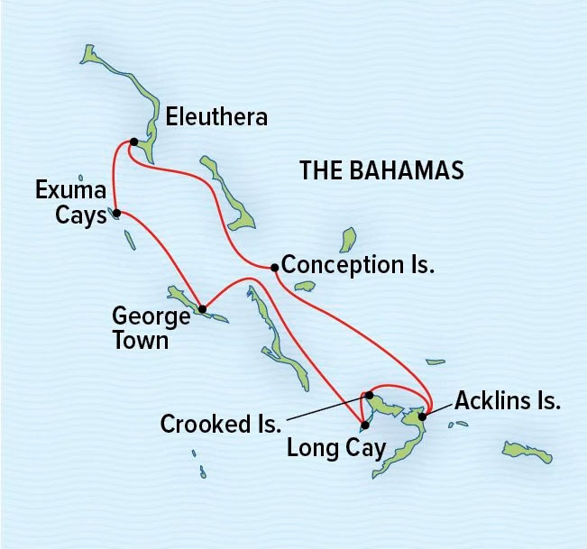 Route map of Exploring The Bahamas' Out Islands: Natural Wonders & Hidden History Bahamas small ship cruise, round-trip from George Town, Exumas, with visit to the islands of Eleuthera, Conception, Long, Crooked, Acklins & Exuma Cays.