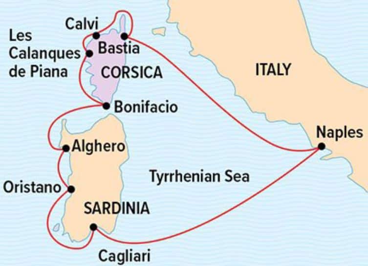 Route map of Corsica & Sardinia Aboard Sea Cloud cruise operating round-trip from Naples, Italy with visits along Corsica's northern & western coasts plus Sardinia's western & southern coasts.