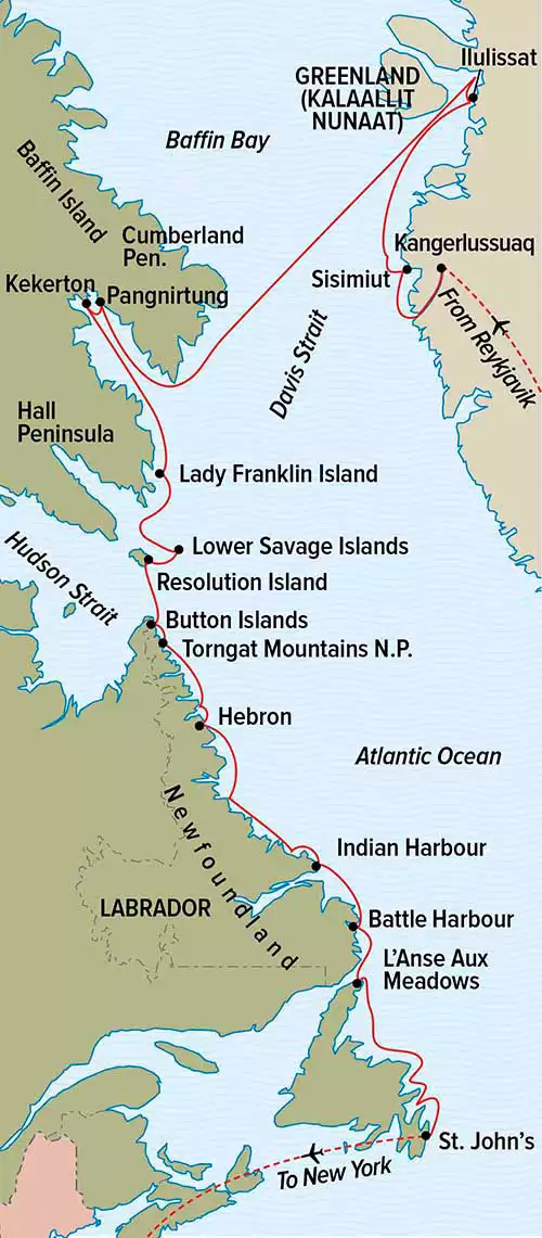 Route map of Fabled Lands of The North: Greenland to Newfoundland cruise from Reykjavik, Iceland to St. John's, Newfoundland with visits along western Greenland & northern Canada.