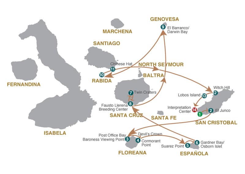 Route map of Eastern Grand Majestic cruise, round-trip from San Cristobal with visits to the islands of Floreana, Espanola, Santa Cruz, Genovesa, Rabida a& Chinese Hat.