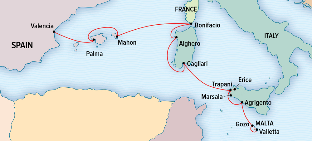 Route map of Isles of Antiquity small ship cruise from Valencia, Spain to Valletta, Malta with visits to Palma, Mahon, Corsica, Sardinia & Sicily.