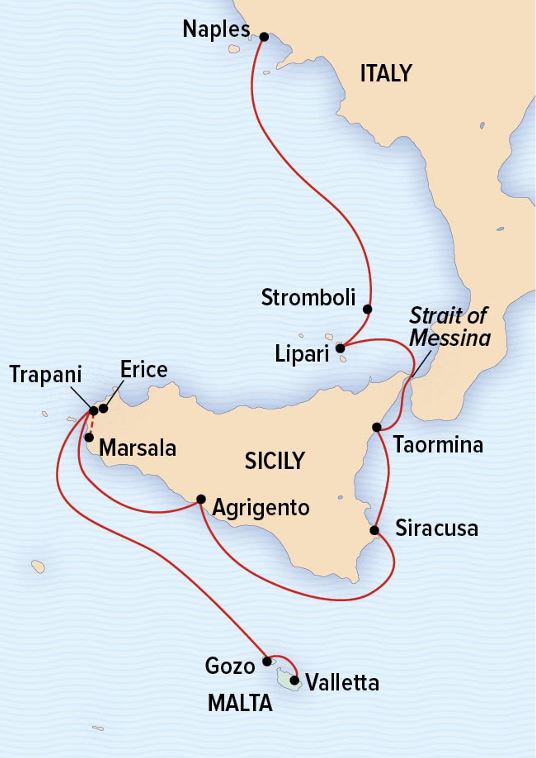 Route map of Sailing The Ancient Shores of Sicily & Malta cruise from Valletta, Malta to Naples, Italy with visits along Sicily's western, southern and eastern shores plus Malta's Gozo.