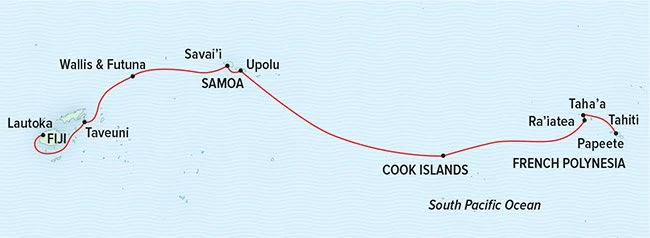 Route map of Tahiti to Fiji: Reefs, Lagoons & Volcanic Isles cruise between Papeete, Tahiti, French Polynesia & Laukota, Fiji, with visits to The Cook Islands & Samoa.