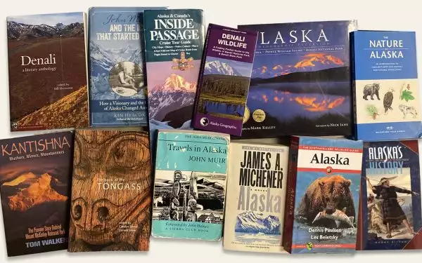 A collage of book covers of the top Alaska books and recommended reading when preparing for an Alaska small ship cruise.