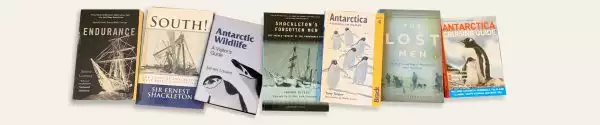 A collage of book covers of the top Antarctica books and recommended reading when preparing for an Antarctica cruise.