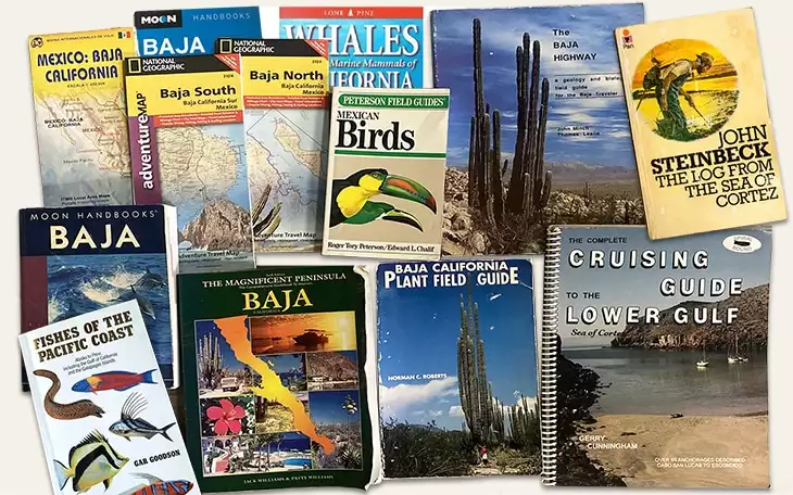 A collage of book covers of the top Baja books and recommended reading when preparing for a Baja small ship cruise.
