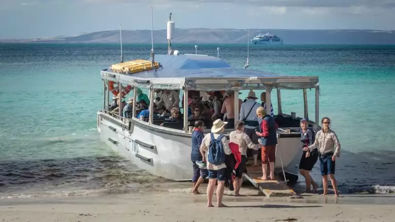 Travelers board a small boat from the beach on a cruise in southern Australia with a small ship in the distance.