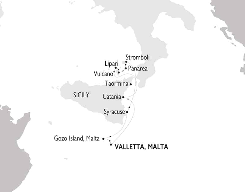 Map showing the route and stops of the Malta and Sicily cruise aboard mega-yacht Harmony G.
