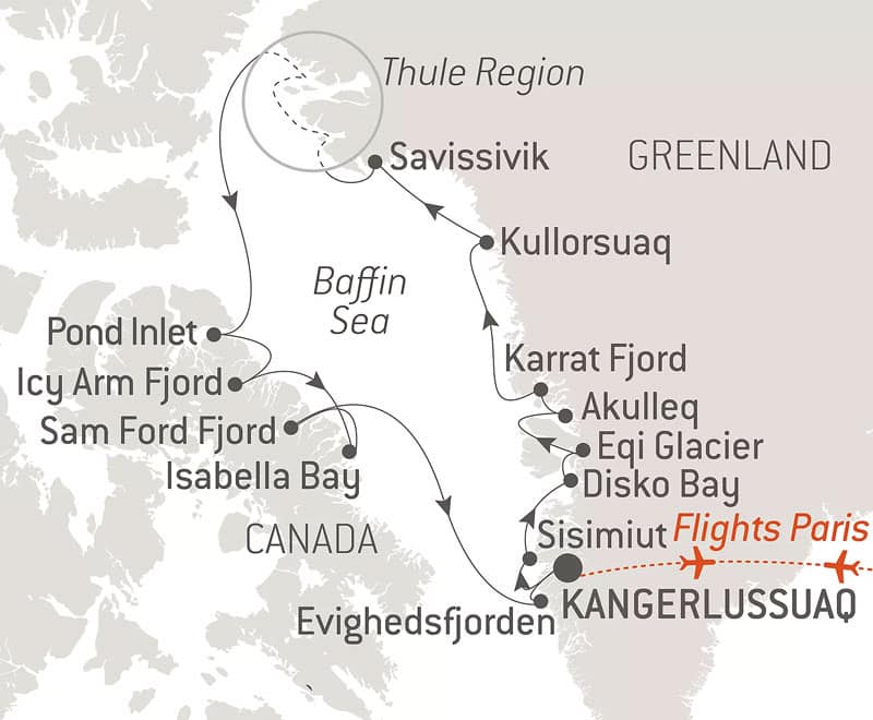 Route map of Expedition to The Thule Region cruise, operating round-trip from Kangerlussuaq, Greenland, with bookend flights connecting Paris, France.