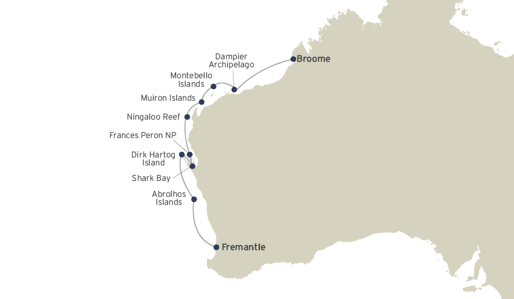 Route map of Abrolhos Islands & The Coral Coast western Australia cruises, operating between Fremantle and Broome, with visits to Dampier Archipelago, Montebello Islands, Muiron Islands, Ningaloo Reef, Frances Peron National Park, Dark Hartog Island, Shark Bay & Abrolhos Islands.