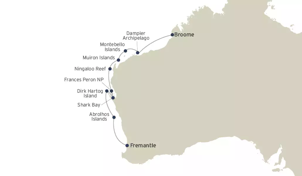 Route map of Abrolhos Islands & The Coral Coast western Australia cruises, operating between Fremantle and Broome, with visits to Dampier Archipelago, Montebello Islands, Muiron Islands, Ningaloo Reef, Frances Peron National Park, Dark Hartog Island, Shark Bay & Abrolhos Islands.