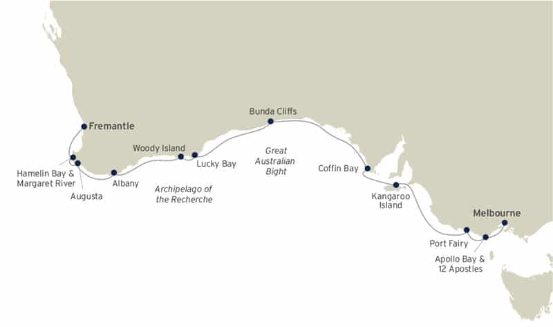 Route map of Australia's Great Southern Coastline cruise from Melbourne to Fremantle with visits to Apollo Bay, 12 Apostles, Port Fair, Kangaroo Island, Coffin Bay, Bunda Cliffs, Lucky Bay, Woody Island, Albany, Augusta, Hamelin Bay & Margaret River.