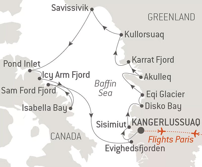Route map of Baffin Bay Secrets cruise, operating round-trip from Kangerlussuaq, Greenland, with bookend flights connecting Paris, France.
