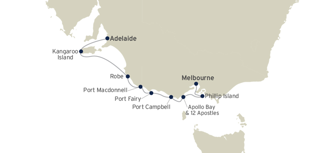 Route map of Bounty of the Southern Ocean cruise from Adelaide to Melbourne, Australia, with visits to Kangaroo Island, Robe, Port Macdonnell, Port Fairy, Port Campbell, Apollo Bay & Philip Island.