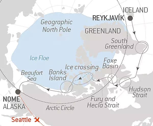 Route map of 2023 Northwest Passage voyage from Reykjavik, Iceland, to Nome, Alaska, with a charter flight to end in Seattle, Washington.