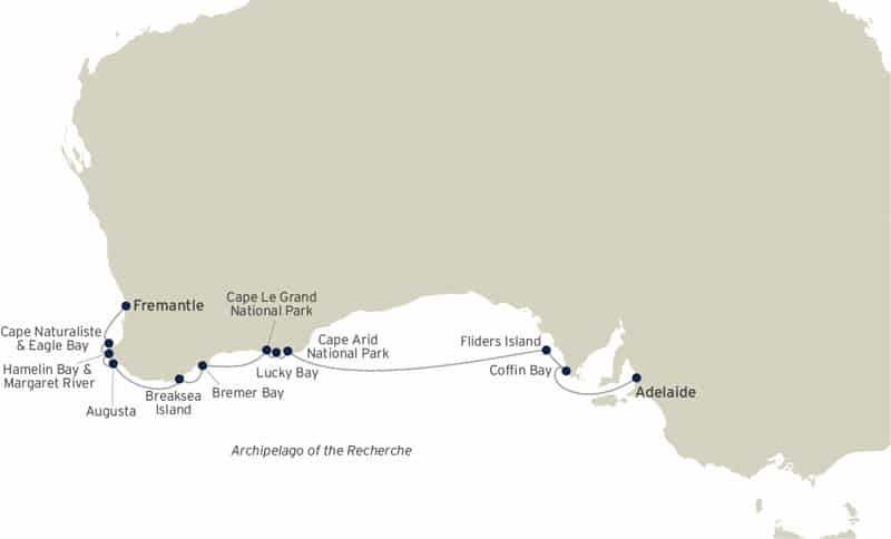 Route map of eastbound Across The Great Australian Bight cruise in southern Australia from Fremantle to Adelaide, with unique visits to Breaksea Island, Cape Le Grand National Park & Flinders Island.