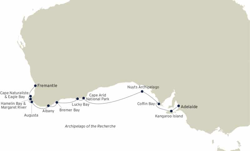 Route map of westbound Across The Great Australian Bight cruise in southern Australia from Adelaide to Fremantle, with unique visits to Kangaroo Island, the Nuyts Archipelago & Albany.