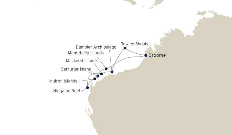 Route map of Ningaloo & The Bluewater Wonders of Australia's West cruise, operating round-trip from Broome with visits to Rowley Shoals, Dampier Archipelago, Ningaloo Reef & the islands od Montebello, Mackerel, Serrurier & Muiron.